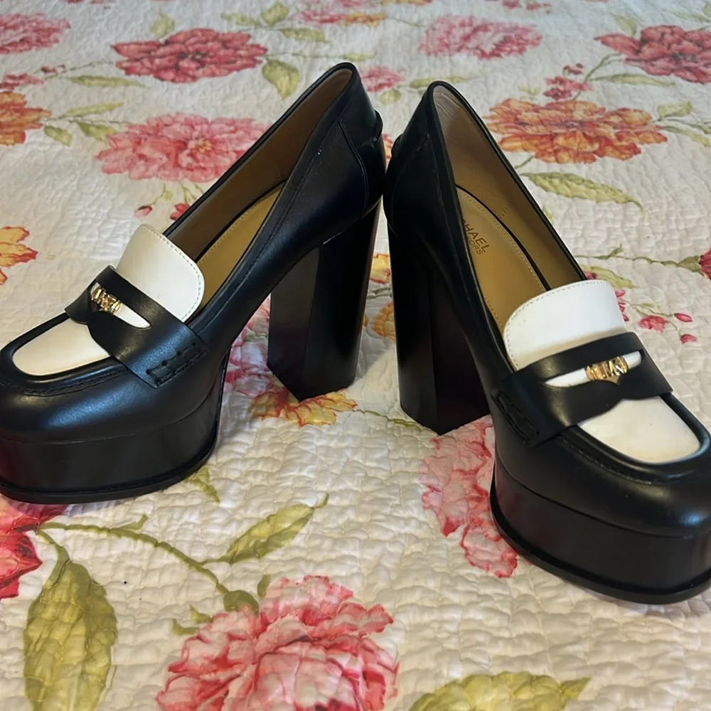Michael Kors Black and White Platform Loafer Heels Shoes